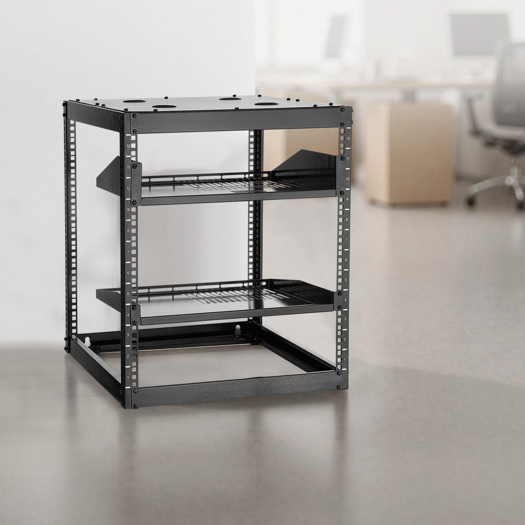 12U Open Frame Network Rack, 585 mm Depth, Wall Mounted or Floor Standing Server Rack, Heavy Duty 4 Post, with Vented Shelves & Mounting Hardware, Holds All Your Networking IT Equipment AV Gear