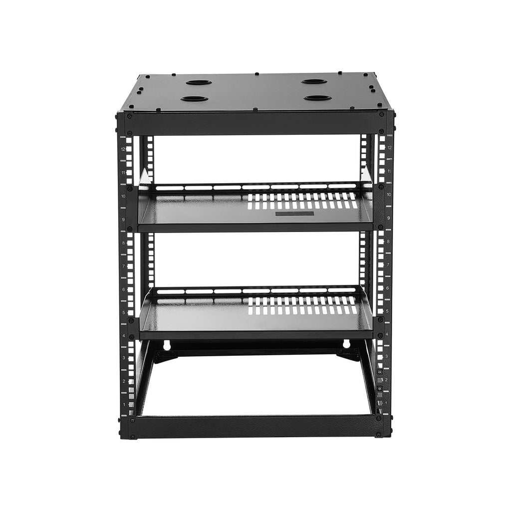 12U Open Frame Network Rack, 585 mm Depth, Wall Mounted or Floor Standing Server Rack, Heavy Duty 4 Post, with Vented Shelves & Mounting Hardware, Holds All Your Networking IT Equipment AV Gear