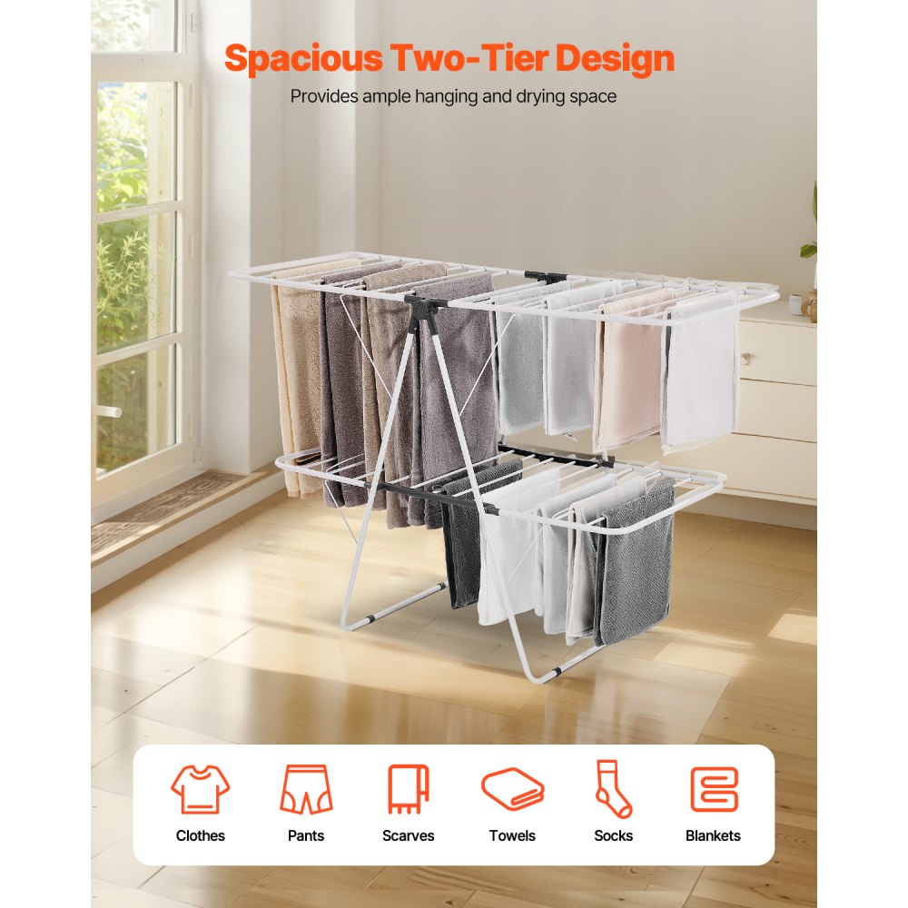 2-Tier Foldable Clothes Drying Rack with Sock Clips & 31 Drying Rods White