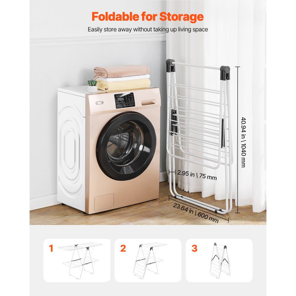 2-Tier Foldable Clothes Drying Rack with Sock Clips & 31 Drying Rods White