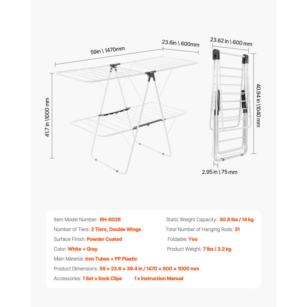2-Tier Foldable Clothes Drying Rack with Sock Clips & 31 Drying Rods White