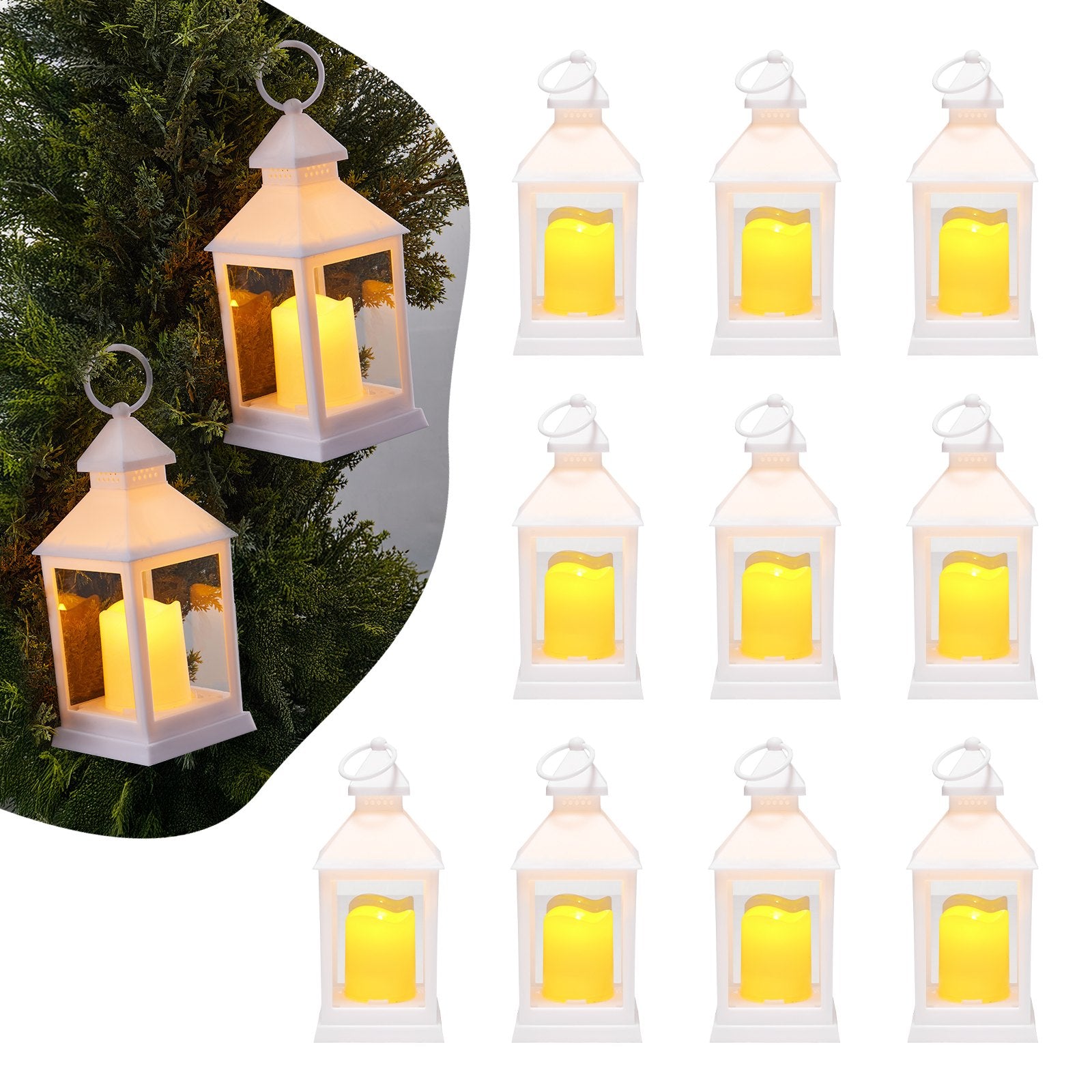 12 Pcs Decorative Candle Lantern, LED Electric Flameless Candle, Plastic LED Holder with Glass, Wall Hanging Indoor Porch Lanterns for Wedding Table Party Farmhouse Indoor Decor, White