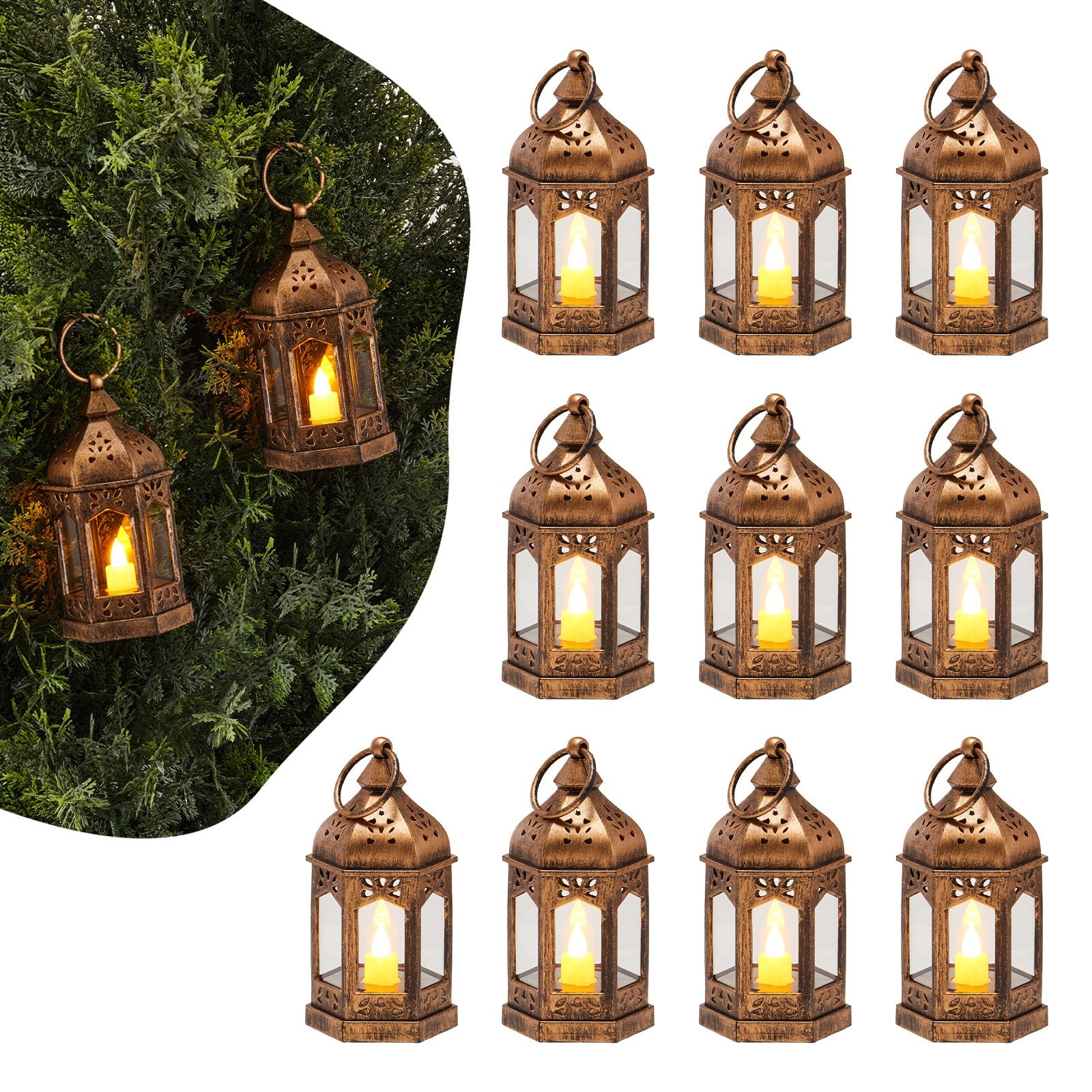 12 Pcs Decorative Candle Lantern, LED Electric Flameless Candle, Plastic LED Holder with Glass, Wall Hanging Indoor Porch Lanterns for Wedding Table Party Farmhouse Indoor Decor, Bronze