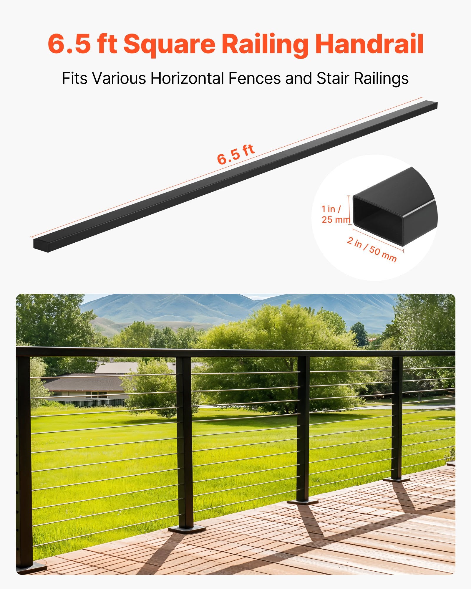 198 cm Stainless Steel Handrail, Rectangular Top Stair Deck Hand Rail for Outdoor/Indoor Steps with End Cap,Matte Black Coating Adjustable Metal Stair Rail for Cable Railing Kit