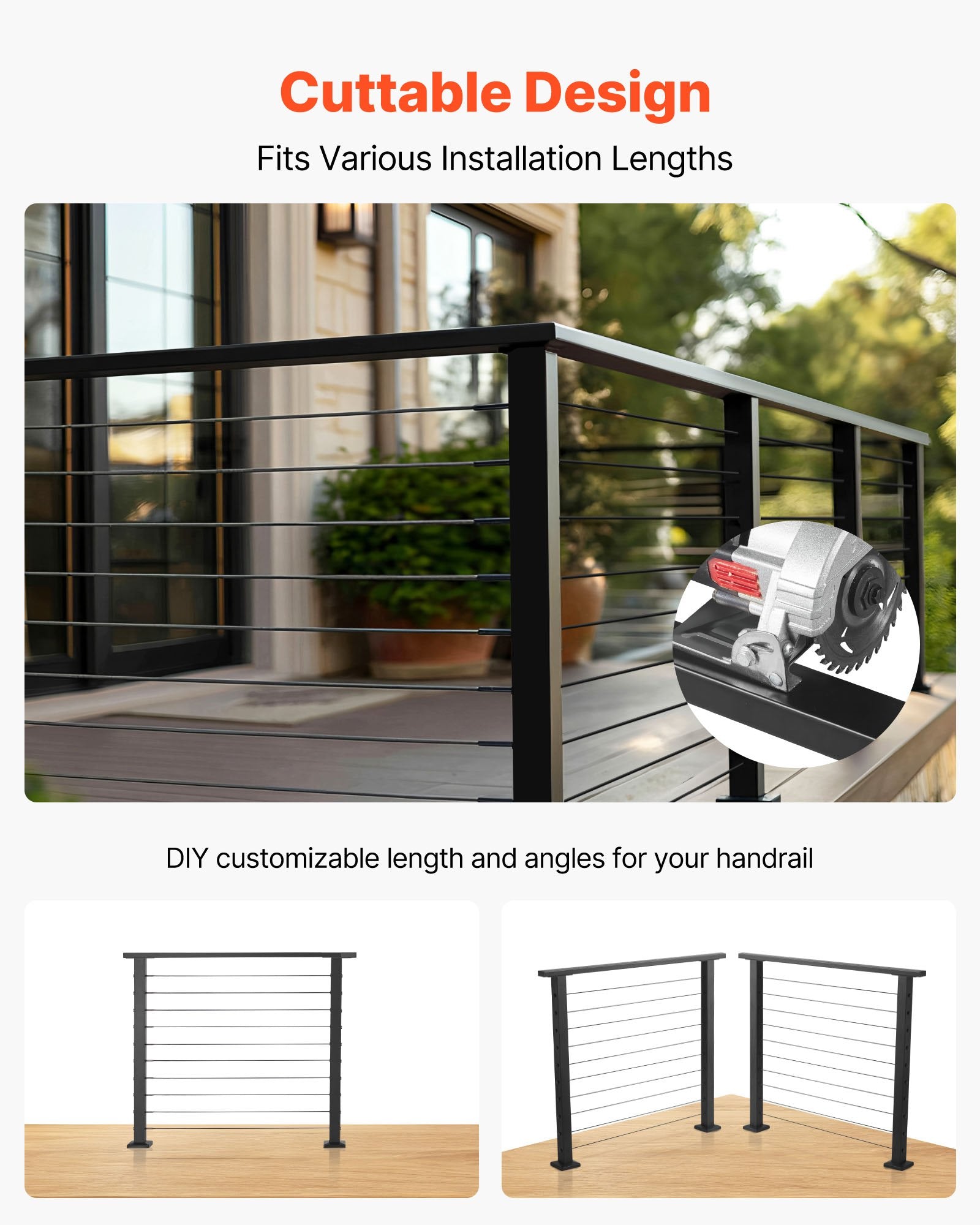 198 cm Stainless Steel Handrail, Rectangular Top Stair Deck Hand Rail for Outdoor/Indoor Steps with End Cap,Matte Black Coating Adjustable Metal Stair Rail for Cable Railing Kit