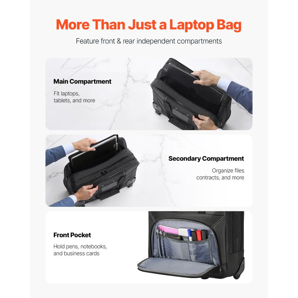 Rolling Laptop Bag 39.62 cm Wheeled Computer Bag for Women & Men Black