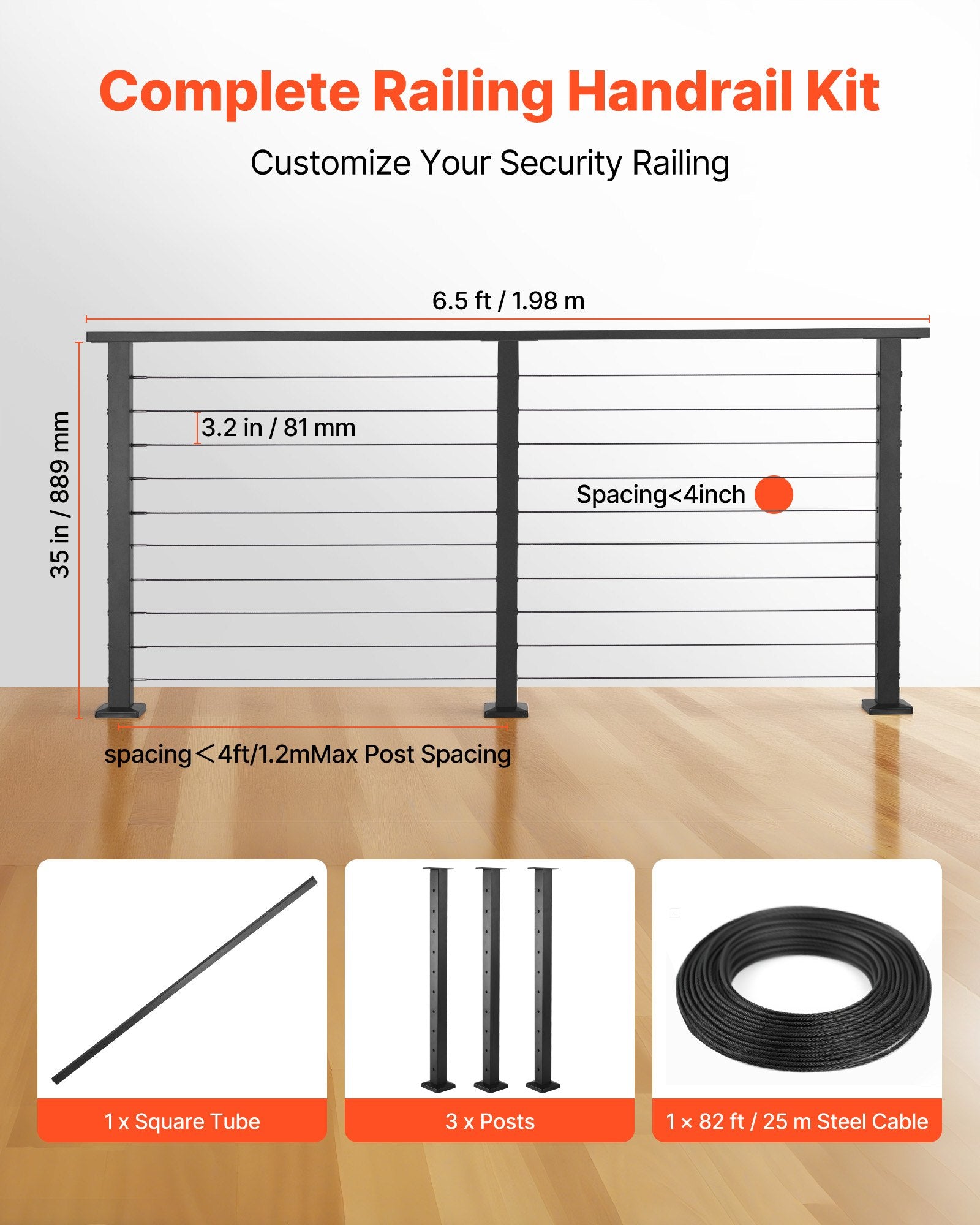 198 cm Complete Cable Railing Kit with Post, 89 cm Tall Matte Black Stainless Steel Handrail Cuttable for Outdoor/Indoor Steps, Level Hole Drilled Railing Posts System for Stairs,Deck,Balcony