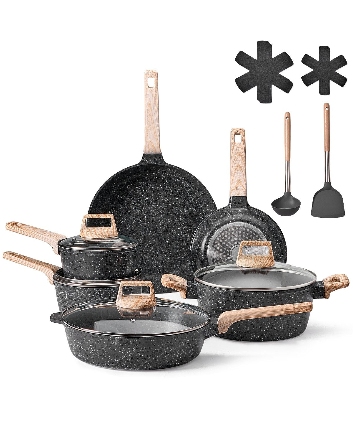 17 Piece Pots and Pans Set Nonstick, Granite Cookware Set, Induction Cookwares, Kitchen RV Cooking Sets with Frying, Sauce, Saute, Tempered Glass Lids, and Pan Protectors, Black
