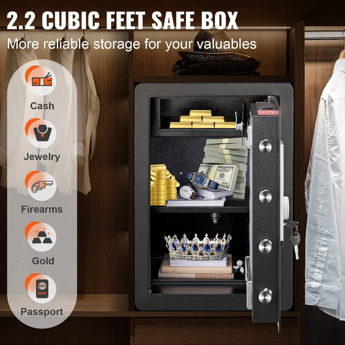 Safe 2.2 Cubic Feet Home Safe Steel for Cash Gold 15.75x13x23.6 inch