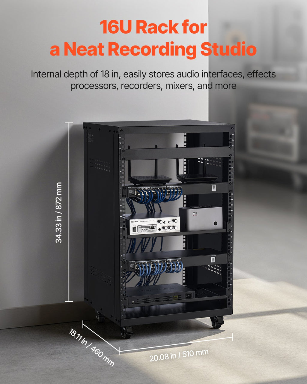 16U AV Rack, 90.7 kg Max Load Capacity, Home Recording Studio Rack with Lockable Caster Wheels, Open Frame Server Cabinet, Special Vent Design, for Audio Video Musical & IT Equipment Mounting