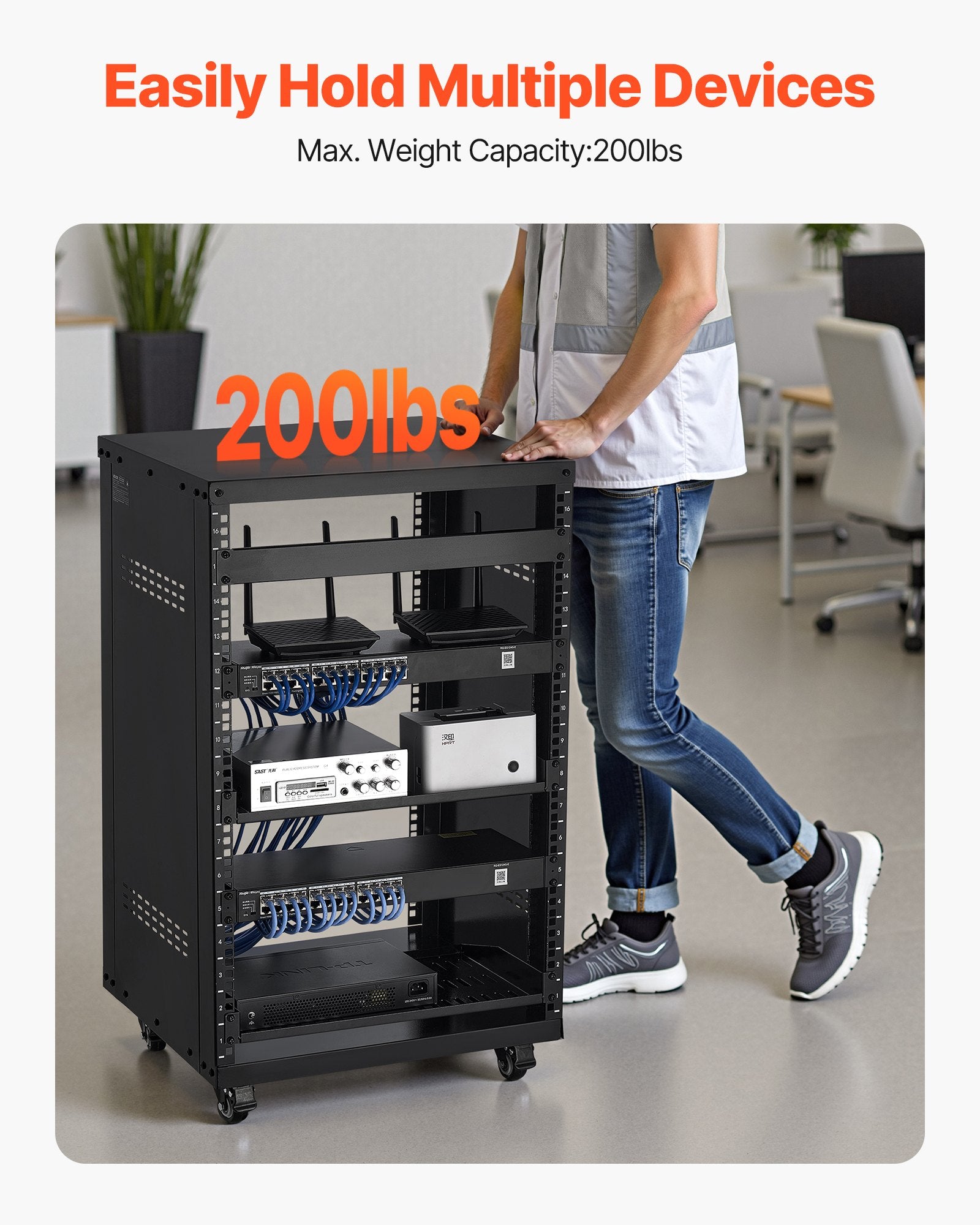 16U AV Rack, 90.7 kg Max Load Capacity, Home Recording Studio Rack with Lockable Caster Wheels, Open Frame Server Cabinet, Special Vent Design, for Audio Video Musical & IT Equipment Mounting
