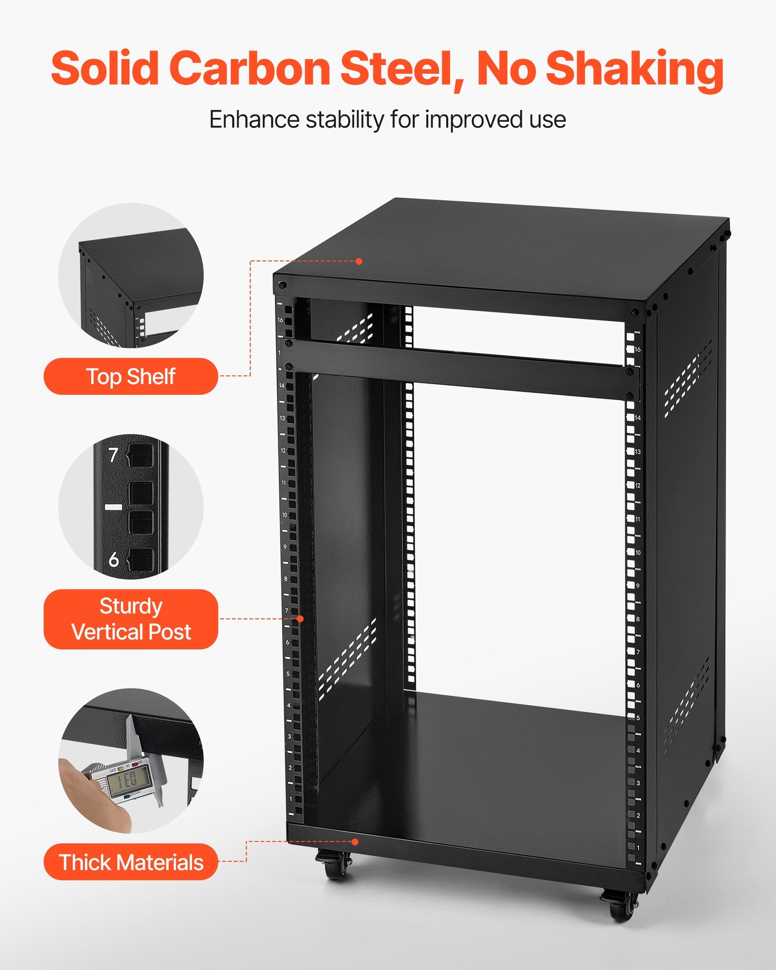 16U AV Rack, 90.7 kg Max Load Capacity, Home Recording Studio Rack with Lockable Caster Wheels, Open Frame Server Cabinet, Special Vent Design, for Audio Video Musical & IT Equipment Mounting