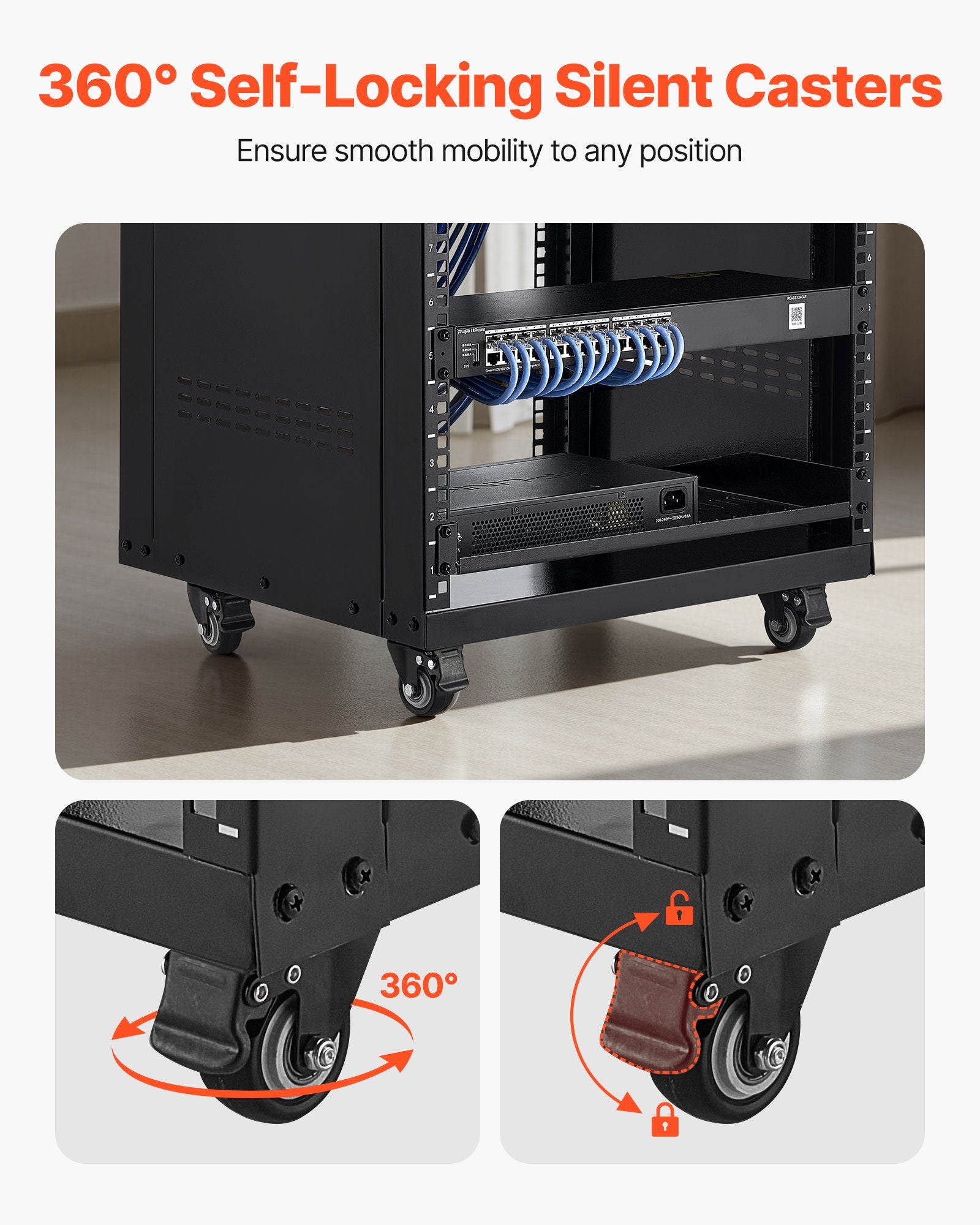 16U AV Rack, 90.7 kg Max Load Capacity, Home Recording Studio Rack with Lockable Caster Wheels, Open Frame Server Cabinet, Special Vent Design, for Audio Video Musical & IT Equipment Mounting