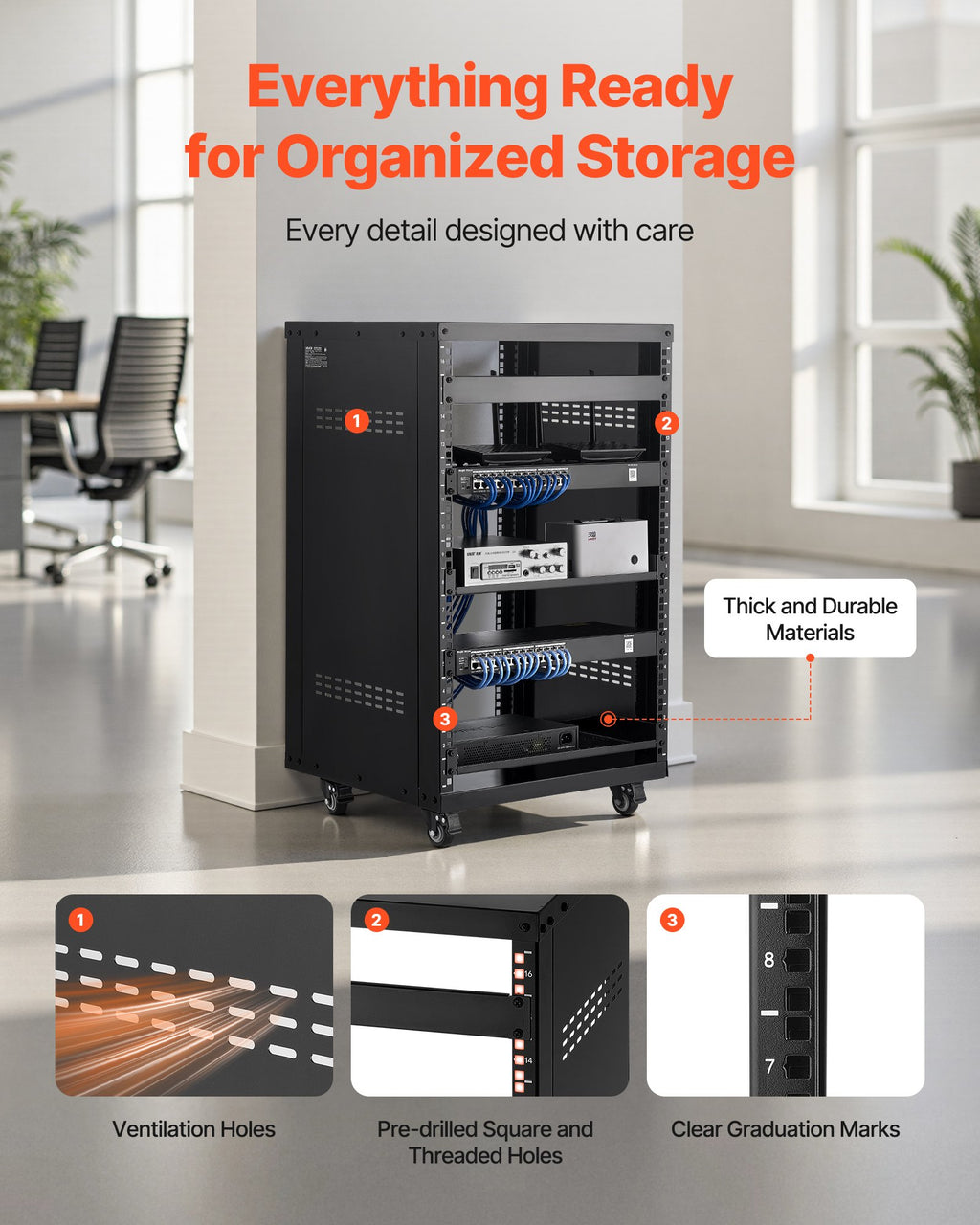 16U AV Rack, 90.7 kg Max Load Capacity, Home Recording Studio Rack with Lockable Caster Wheels, Open Frame Server Cabinet, Special Vent Design, for Audio Video Musical & IT Equipment Mounting