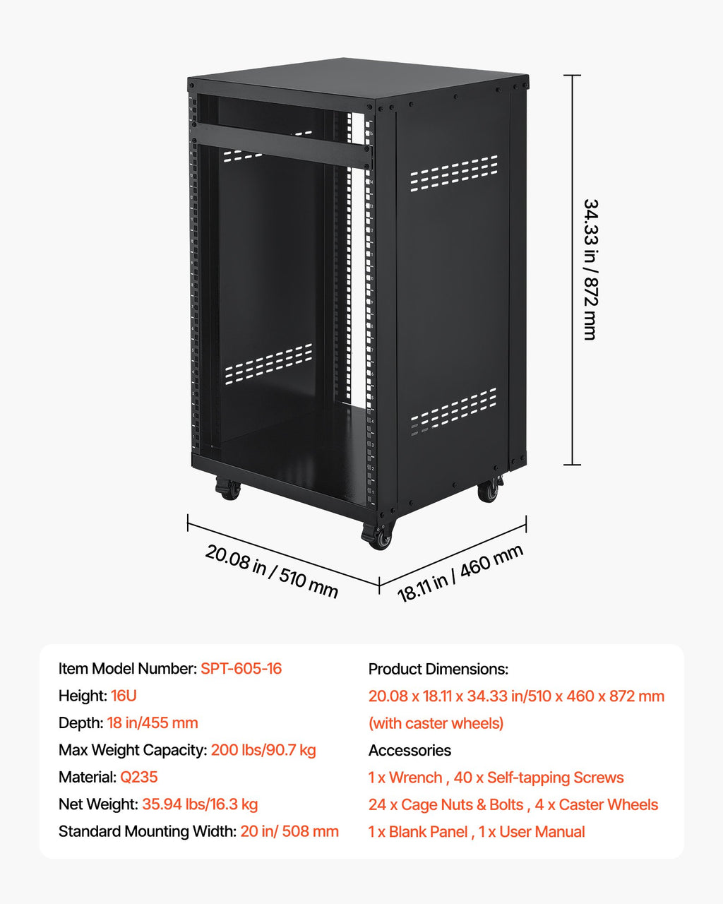 16U AV Rack, 90.7 kg Max Load Capacity, Home Recording Studio Rack with Lockable Caster Wheels, Open Frame Server Cabinet, Special Vent Design, for Audio Video Musical & IT Equipment Mounting
