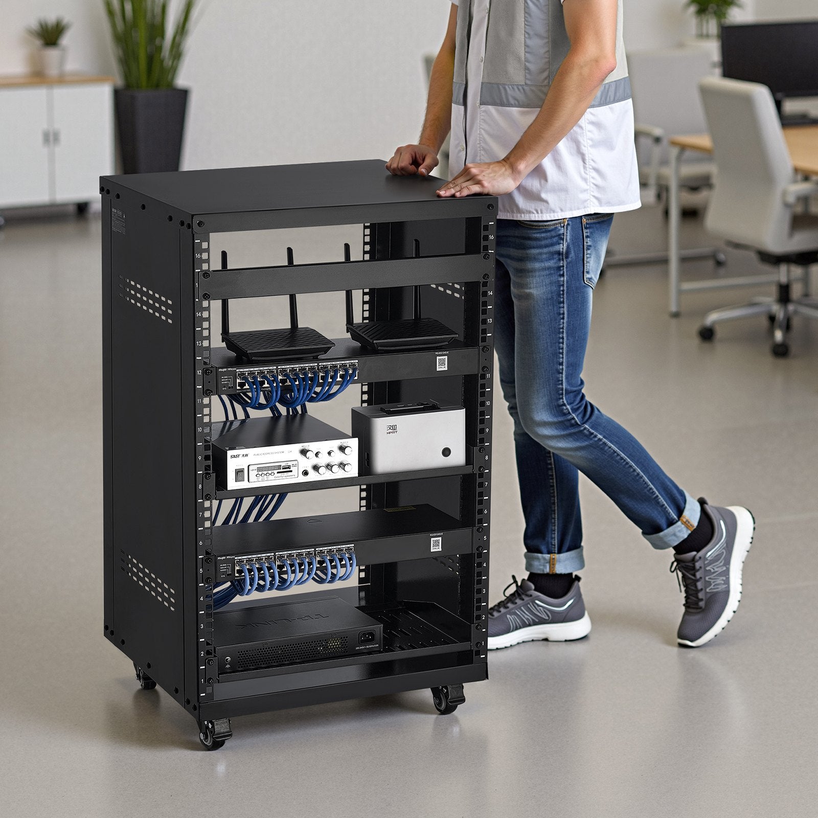 16U AV Rack, 90.7 kg Max Load Capacity, Home Recording Studio Rack with Lockable Caster Wheels, Open Frame Server Cabinet, Special Vent Design, for Audio Video Musical & IT Equipment Mounting