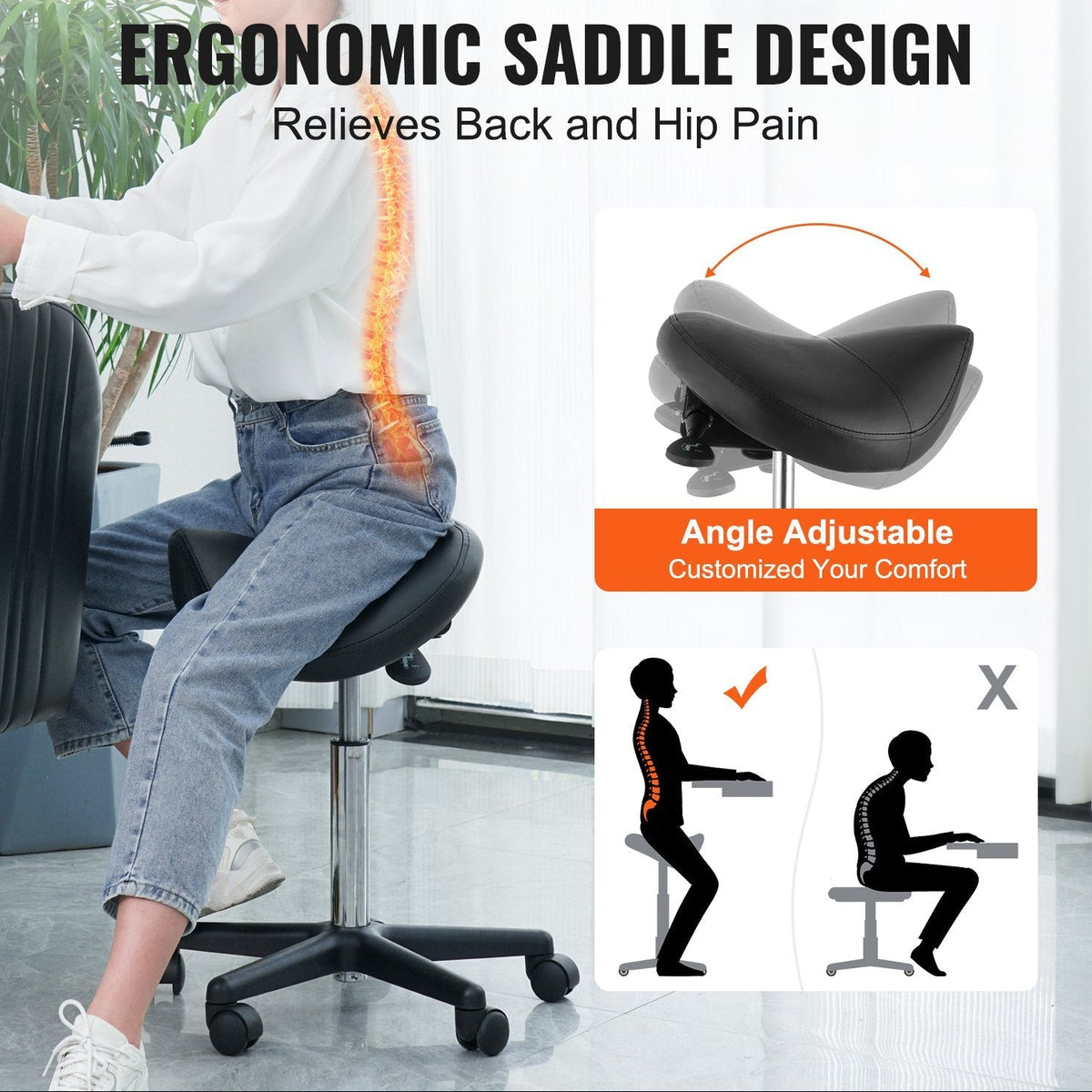 Saddle Stool Rolling Chair, Ergonomic Saddle Chair with Wheels, Height Adjustable