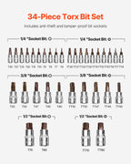 Torx Bit Socket Set 34-Piece Solid Star and Tamper Proof T6-T70 S2 Alloy Steel