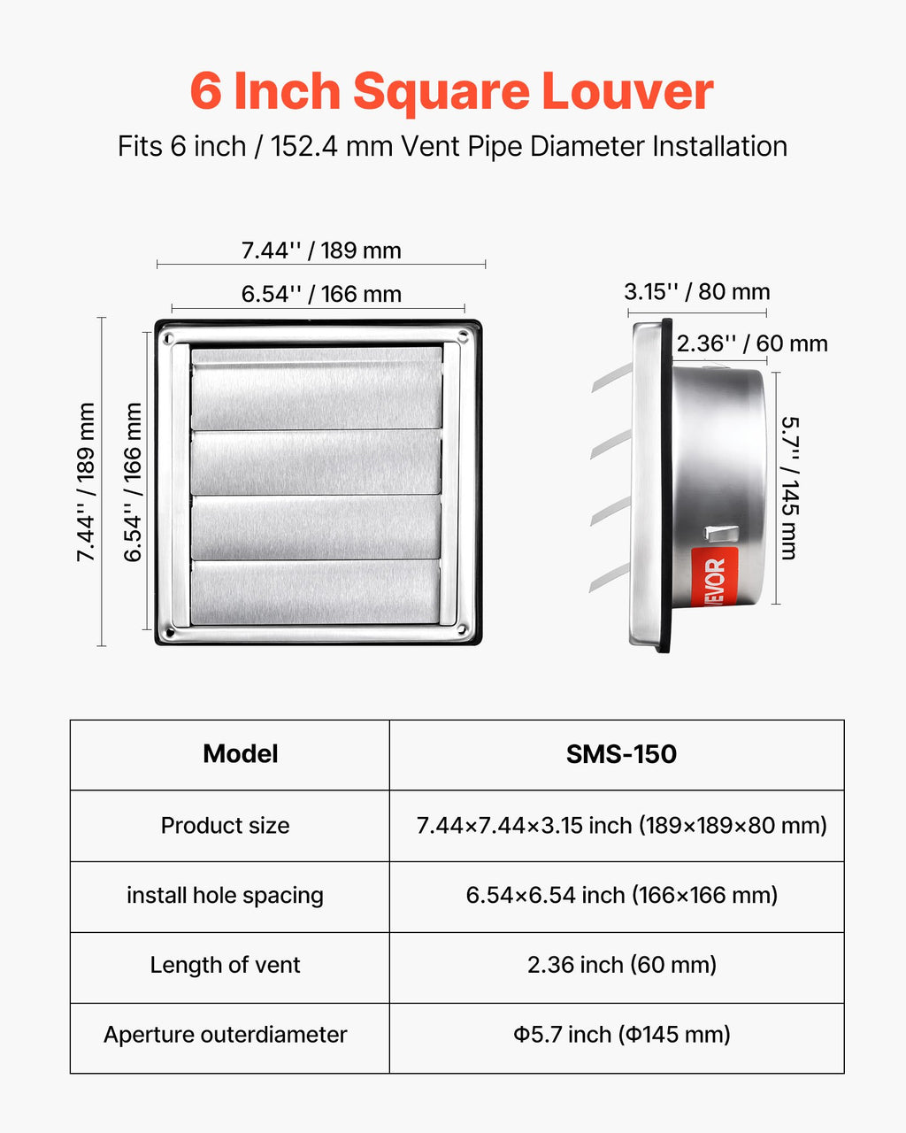 145mm Wall Vent Cover, Louvered Square AC Vent Gable Cover, Premium Stainless Steel & with Noise Reducing Rubber Gasket, for House,Bathroom,Garage,Kitchen,Basement (1 Pack, Silver)