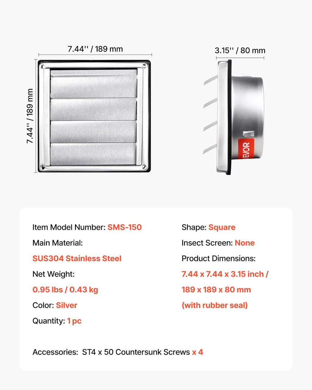 145mm Wall Vent Cover, Louvered Square AC Vent Gable Cover, Premium Stainless Steel & with Noise Reducing Rubber Gasket, for House,Bathroom,Garage,Kitchen,Basement (1 Pack, Silver)