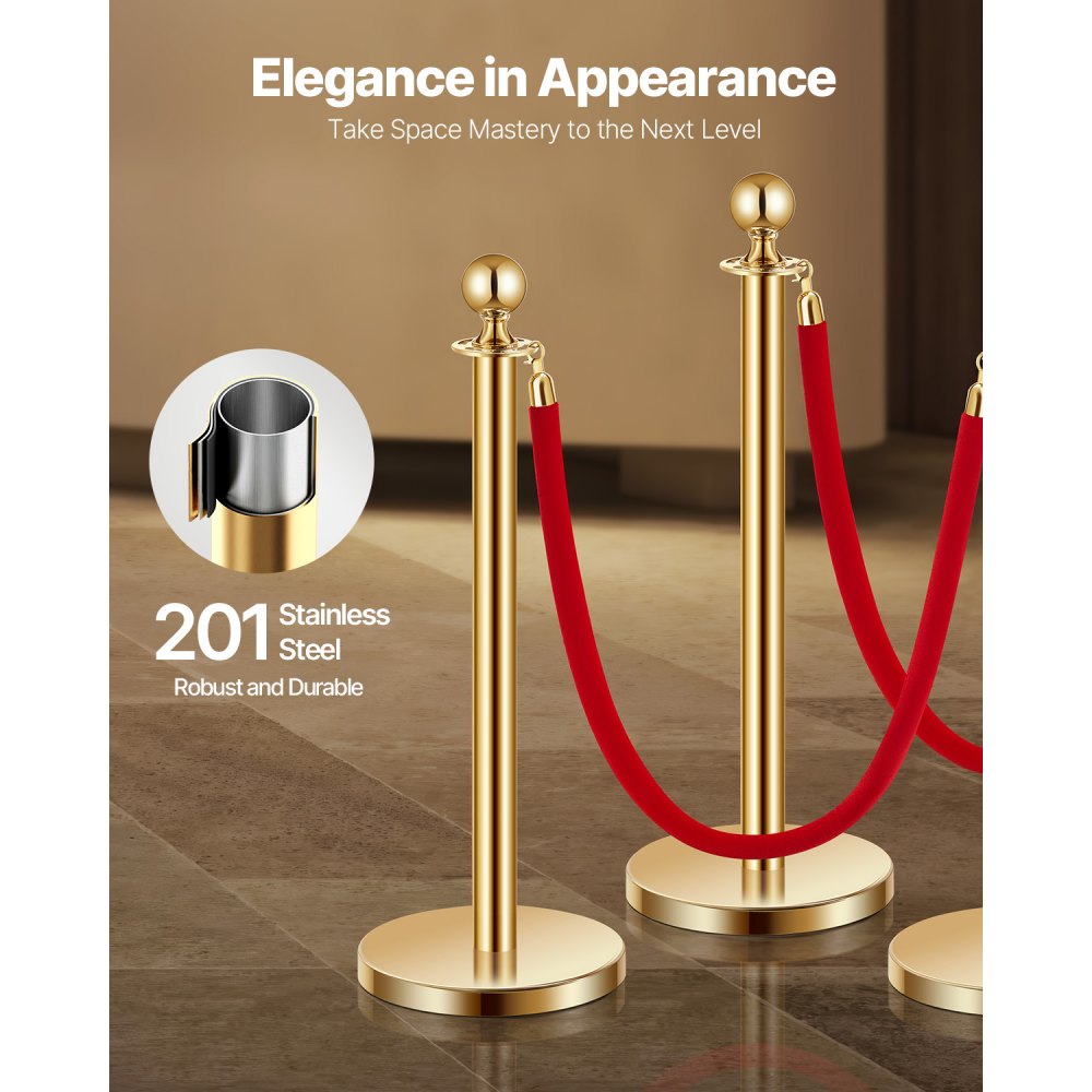 8 Pcs Gold Stanchion Post 6 Red Velvet Ropes Sand Injection Hollow Base