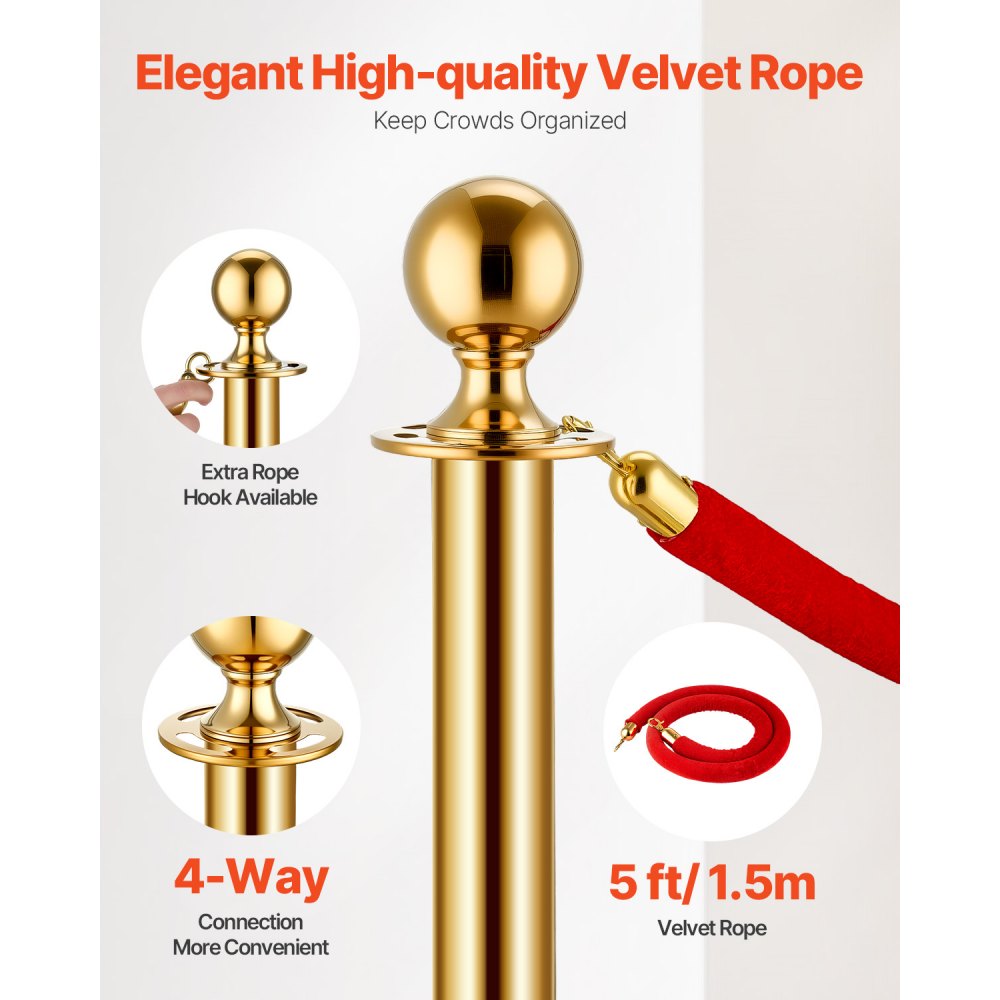 8 Pcs Gold Stanchion Post 6 Red Velvet Ropes Sand Injection Hollow Base