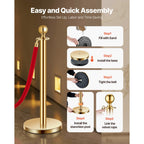 4 Pcs Gold Stanchion Post 2 Red Velvet Ropes Sand Injection Hollow Base