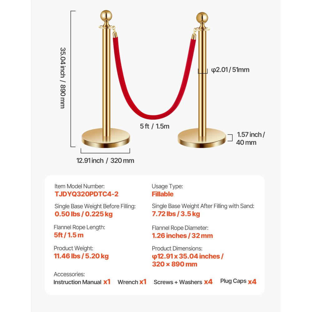 4 Pcs Gold Stanchion Post 2 Red Velvet Ropes Sand Injection Hollow Base