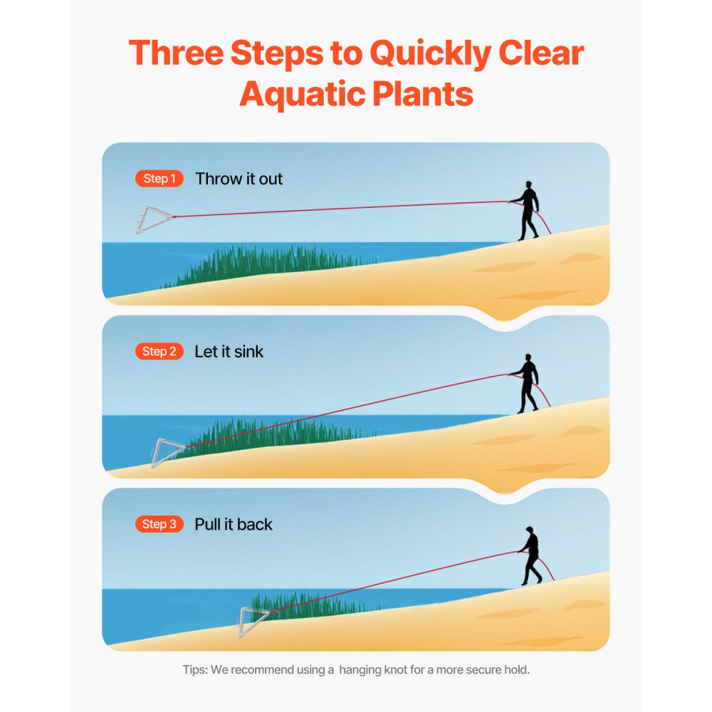 24in Aquatic Weed Rake 3-Sided Foldable Lake Weed Rake Handle 30ft Rope