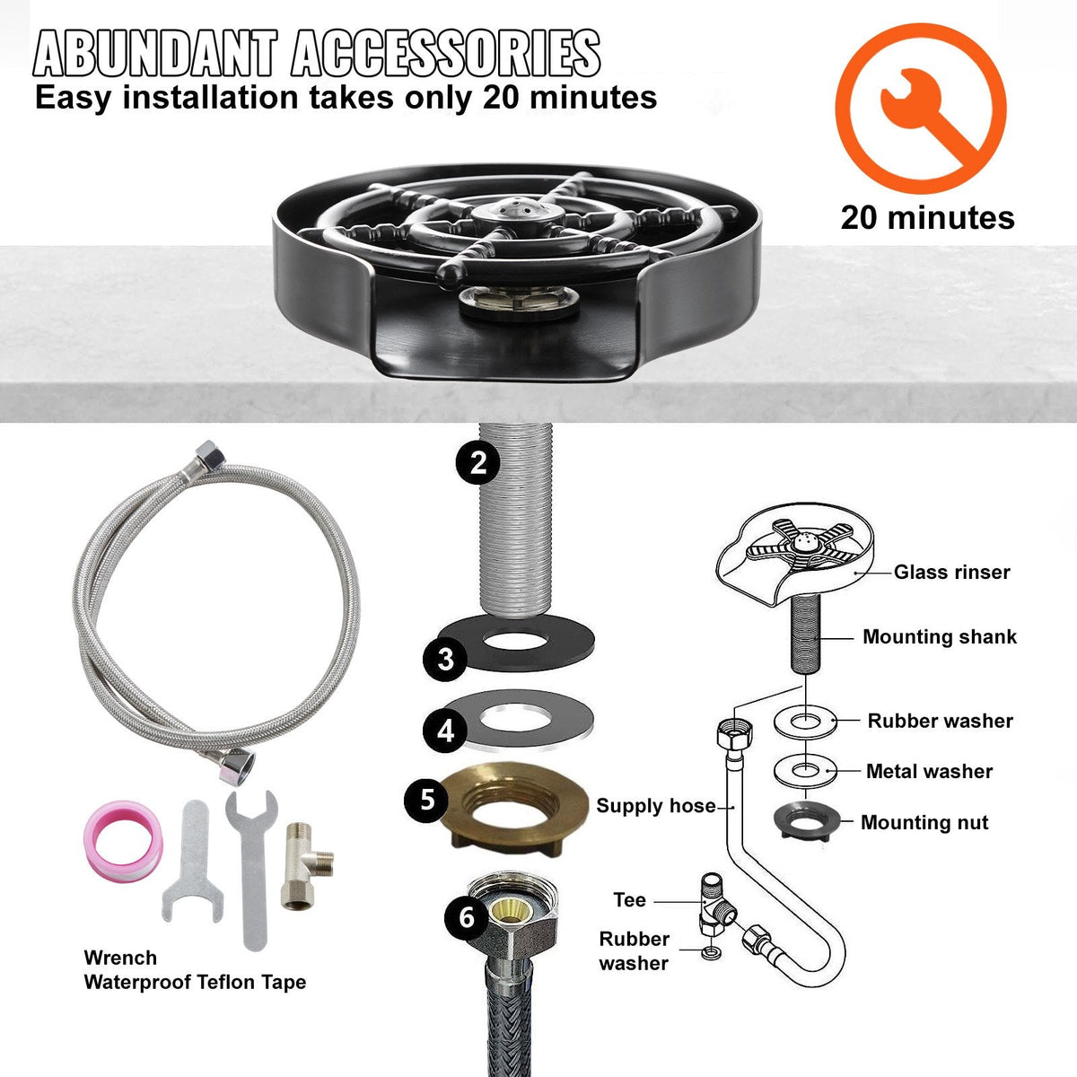 Glass Rinser 10-Hole 360° Rotating Stainless Steel Washer ABS Cup Holder