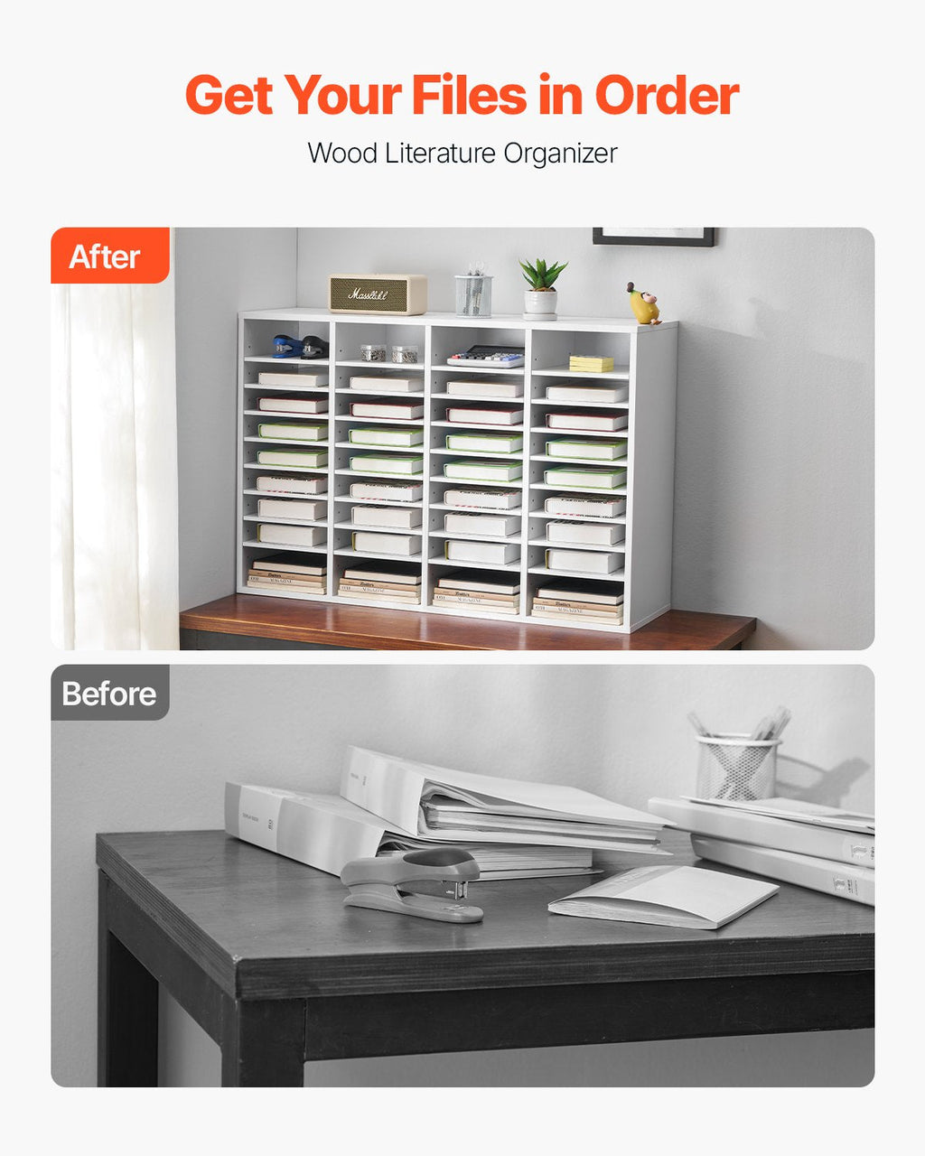Wooden Literature Organizer 36 Compartments with Adjustable Shelves White