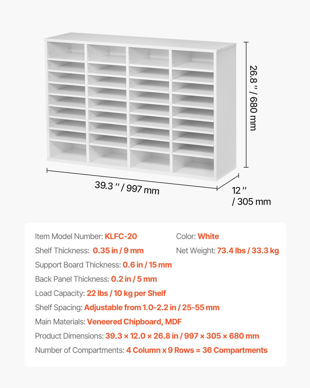 Wooden Literature Organizer 36 Compartments with Adjustable Shelves White