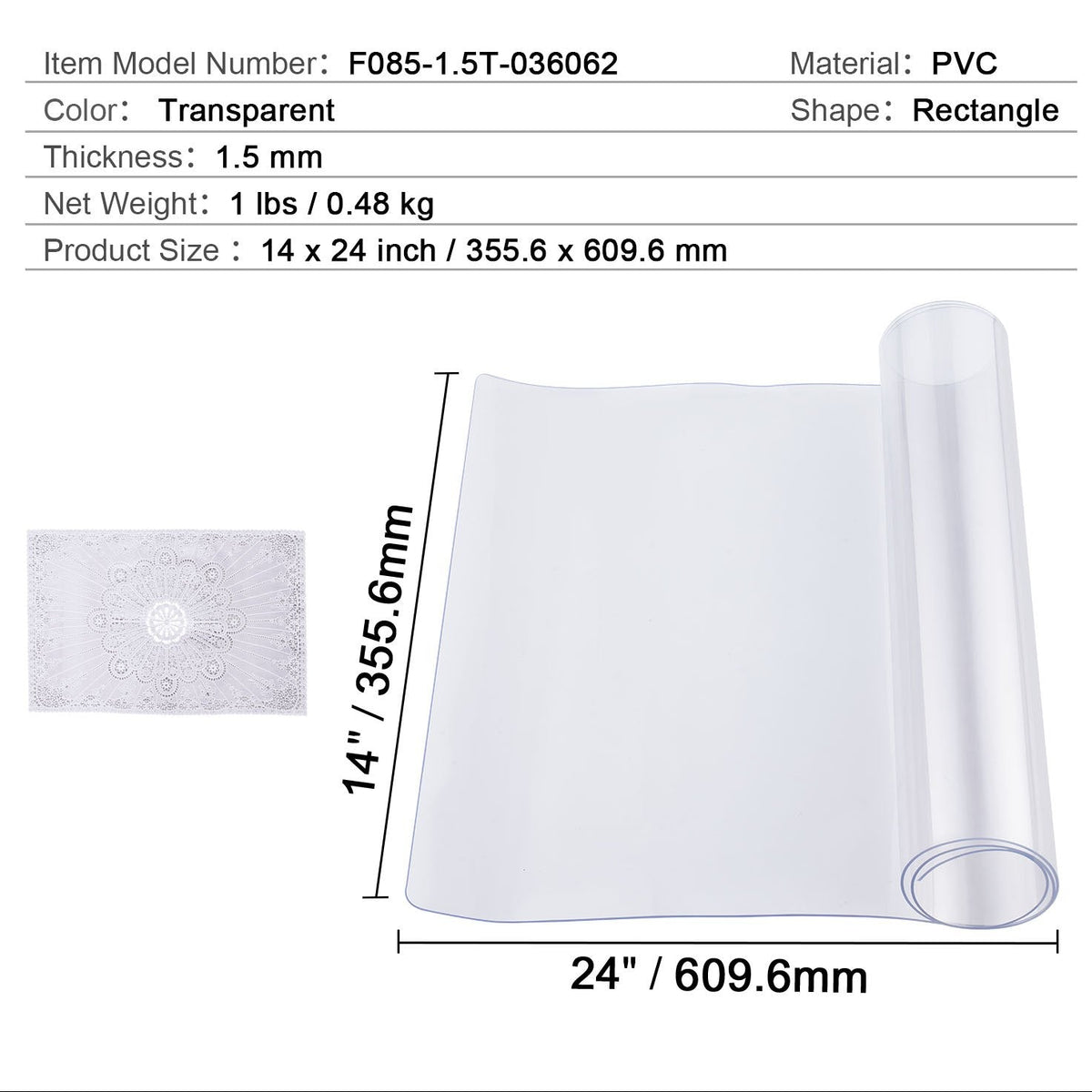 PVC Table Protector 14x24 Inch Clear Plastic Desk Protector 1.5mm Thick
