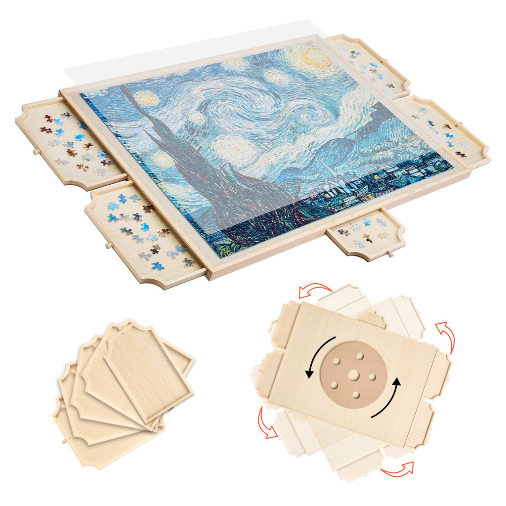 1500 Piece Rotating Puzzle Board with 5 Drawers and Cover, 86x63cm Portable Wooden Table, Jigsaw Puzzle Accessories for Adults, Puzzles Organizer Storage System, Birthday Gift for Mom