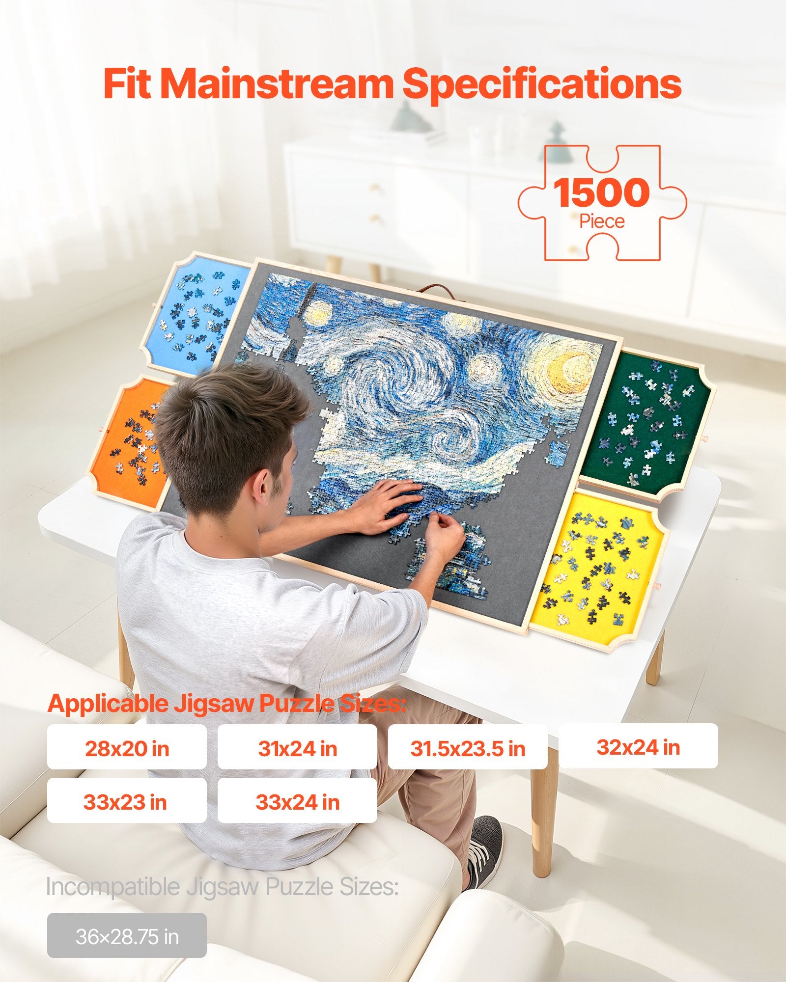 1500 Piece Rotating Puzzle Board with 4 Colorful Felt Drawers and Cover, 86x63cm Portable Wooden Table, Adjustable 2-Tilting-Angle Jigsaw Puzzle Accessories for Adults, Birthday Gift for Mom