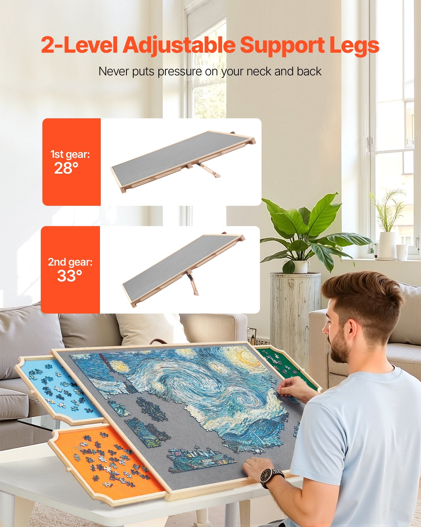 1500 Piece Rotating Puzzle Board with 4 Colorful Felt Drawers and Cover, 86x63cm Portable Wooden Table, Adjustable 2-Tilting-Angle Jigsaw Puzzle Accessories for Adults, Birthday Gift for Mom