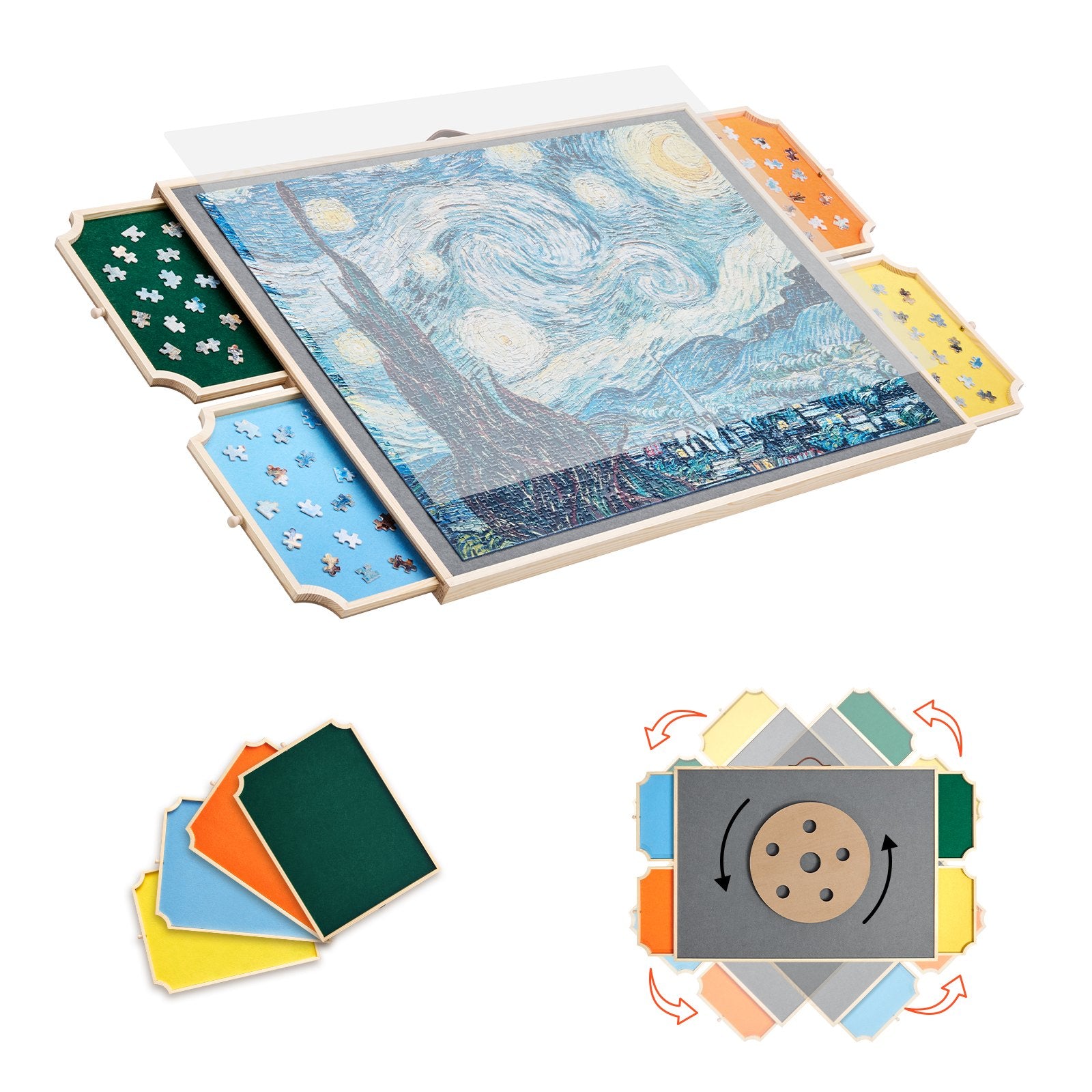 1500 Piece Rotating Puzzle Board with 4 Colorful Felt Drawers and Cover, 86x63cm Portable Wooden Table, Adjustable 2-Tilting-Angle Jigsaw Puzzle Accessories for Adults, Birthday Gift for Mom