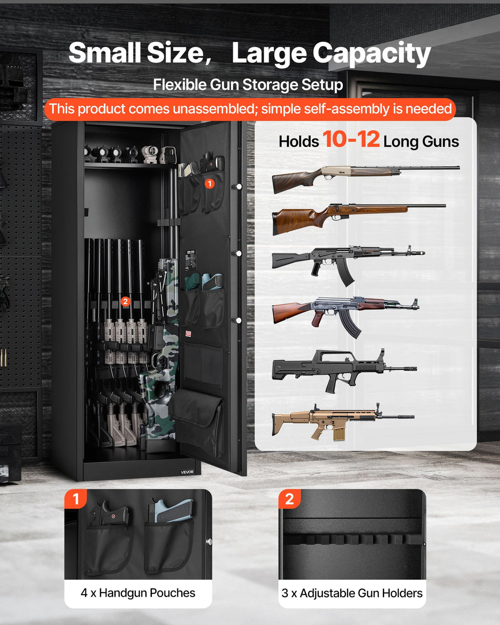 10-12 Gun Safe, Long Gun Cabinet for Rifles and Pistols, Quick Access Rifle Safe with 4 Pistol Pockets and 3 Adjustable Racks, Large Digital Cabinet with Key and Password Lock