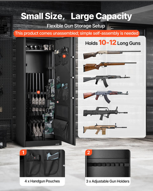 10-12 Gun Safe, Long Gun Cabinet for Rifles and Pistols, Quick Access Rifle Safe with 4 Pistol Pockets and 3 Adjustable Racks, Large Digital Cabinet with Key and Password Lock