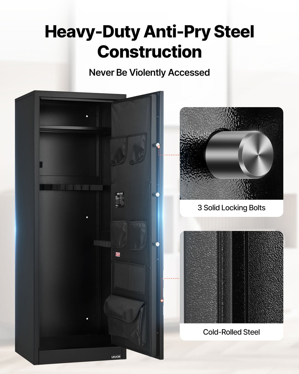 10-12 Gun Safe, Long Gun Cabinet for Rifles and Pistols, Quick Access Rifle Safe with 4 Pistol Pockets and 3 Adjustable Racks, Large Digital Cabinet with Key and Password Lock