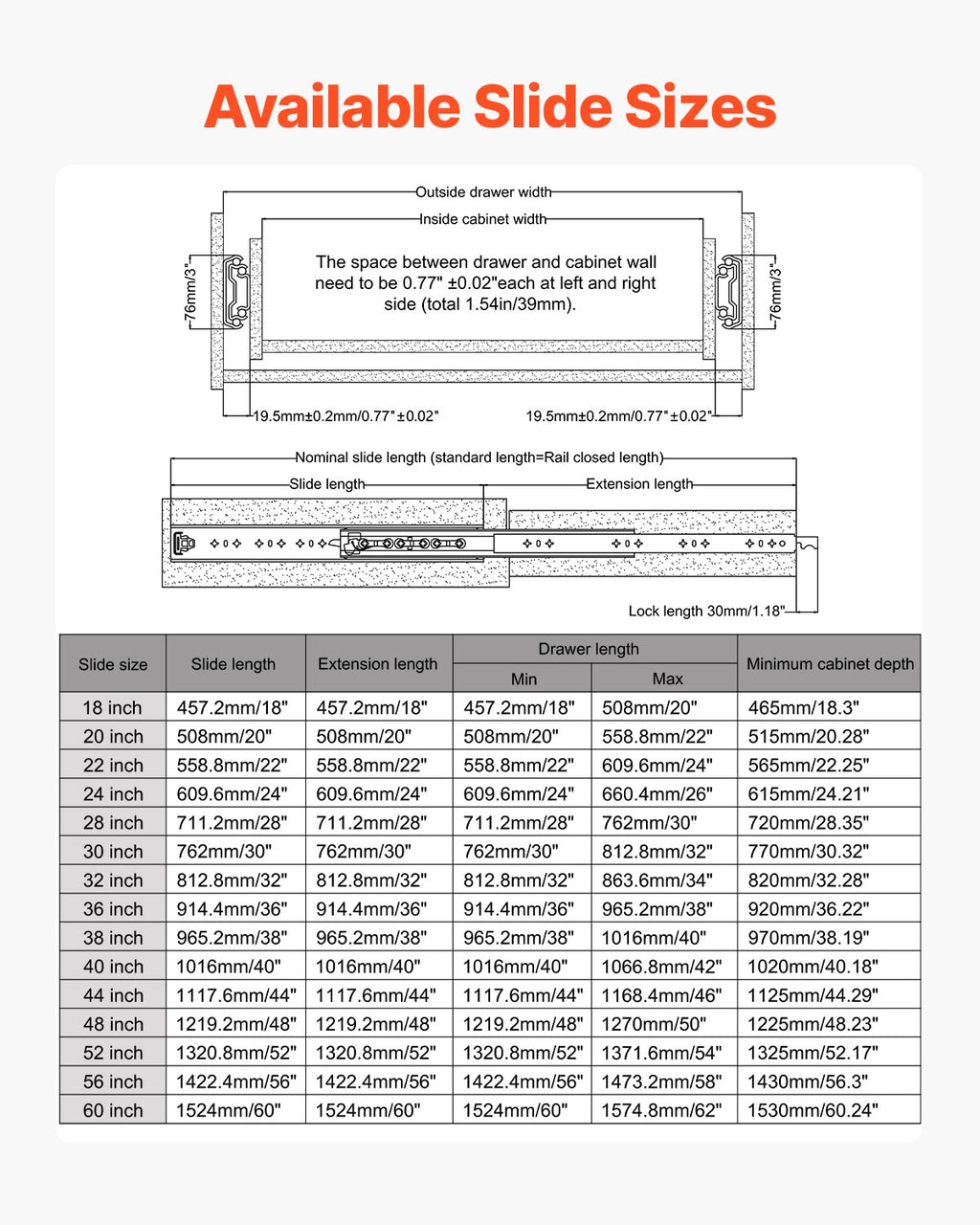 1 Pair Full Extension Drawer Slides 18 20 22 28 30 32 36 38 40 44 48 52 56 60 in, 500 lbs Load Capacity Locking Drawer Slides, Ball Bearing with Lock Side Mount Drawer Slide Rail