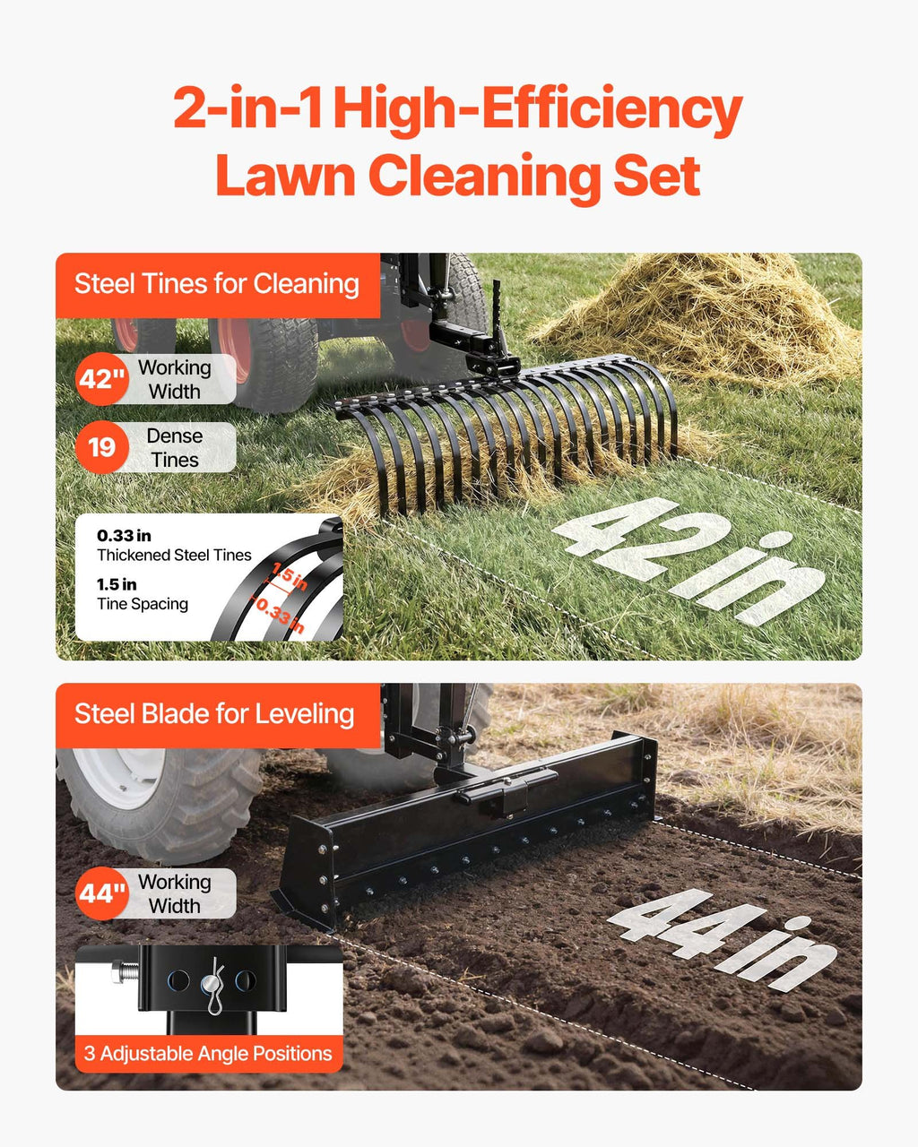 106.7cm Tow Behind Landscape Rake, 3-Point Lawn Rock Rake with Blade & Lift Lever, Fit Category 1 ATVs UTVs Lawn Tractors, Heavy Duty Dethatcher Rake for Debris Leaves Thatch