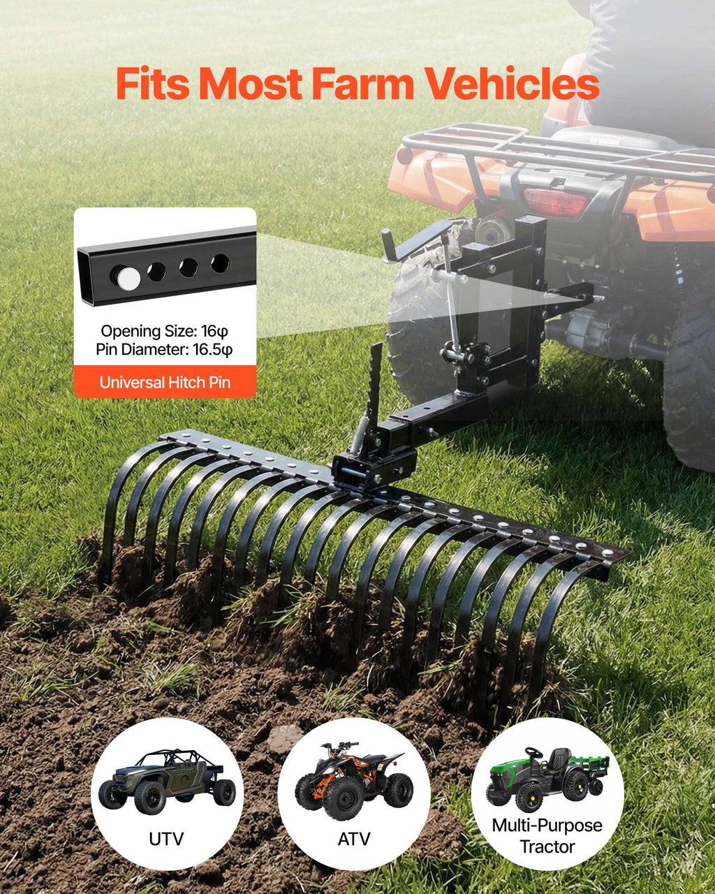 106.7cm Tow Behind Landscape Rake, 3-Point Lawn Rock Rake with Blade & Lift Lever, Fit Category 1 ATVs UTVs Lawn Tractors, Heavy Duty Dethatcher Rake for Debris Leaves Thatch