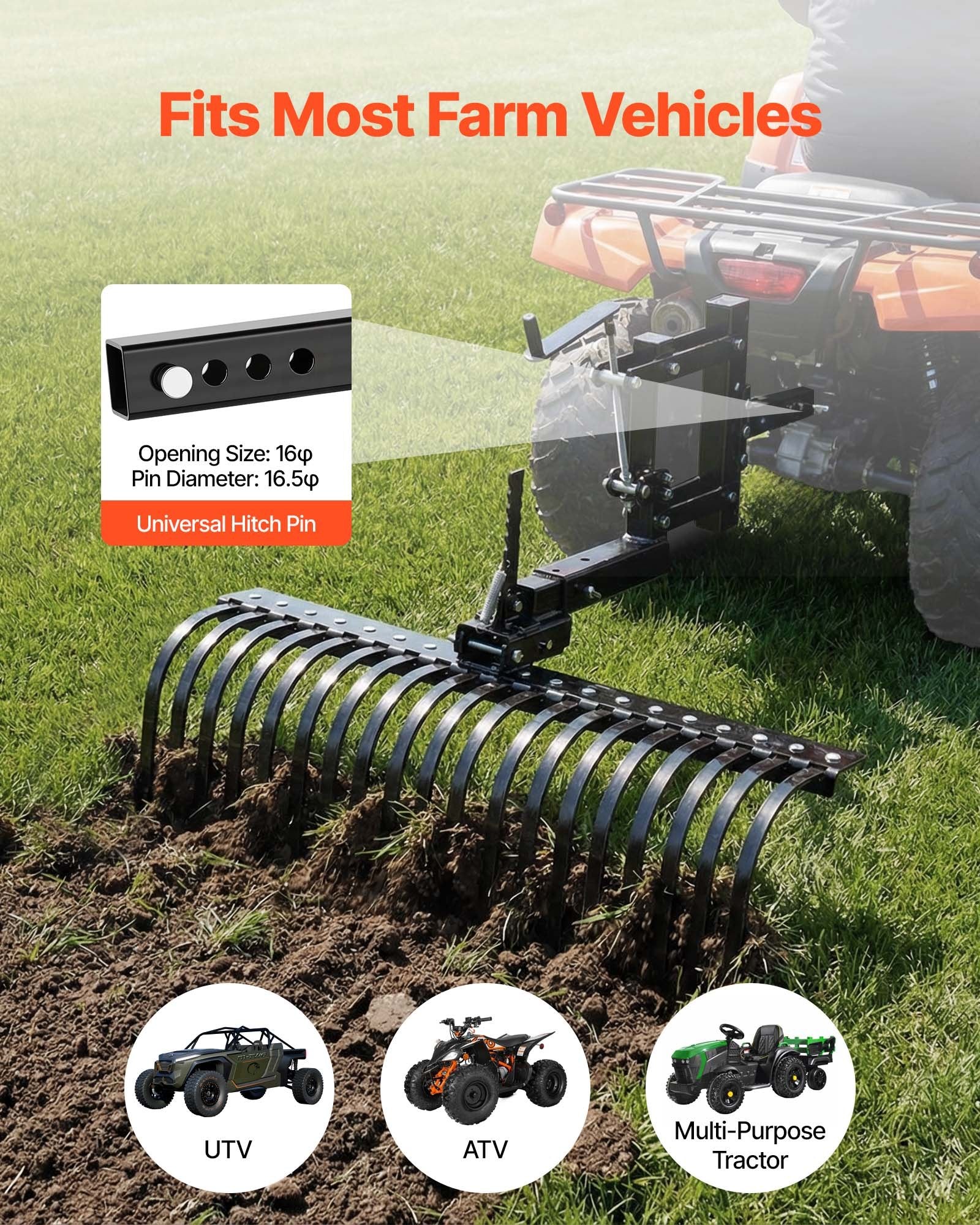 106.7cm Tow Behind Landscape Rake, 3-Point Lawn Rock Rake with Blade & Lift Lever, Fit Category 1 ATVs UTVs Lawn Tractors, Heavy Duty Dethatcher Rake for Debris Leaves Thatch