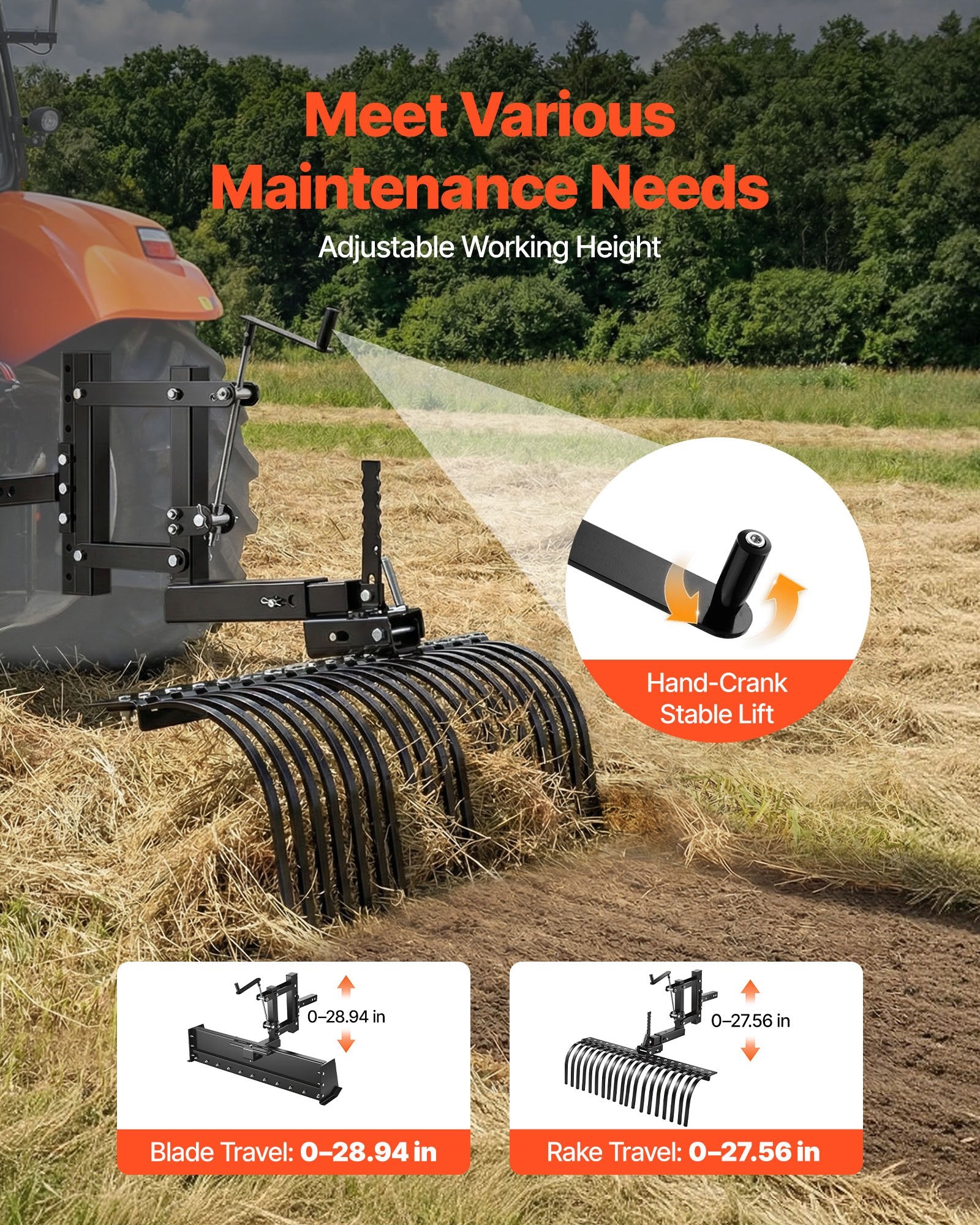 106.7cm Tow Behind Landscape Rake, 3-Point Lawn Rock Rake with Blade & Lift Lever, Fit Category 1 ATVs UTVs Lawn Tractors, Heavy Duty Dethatcher Rake for Debris Leaves Thatch