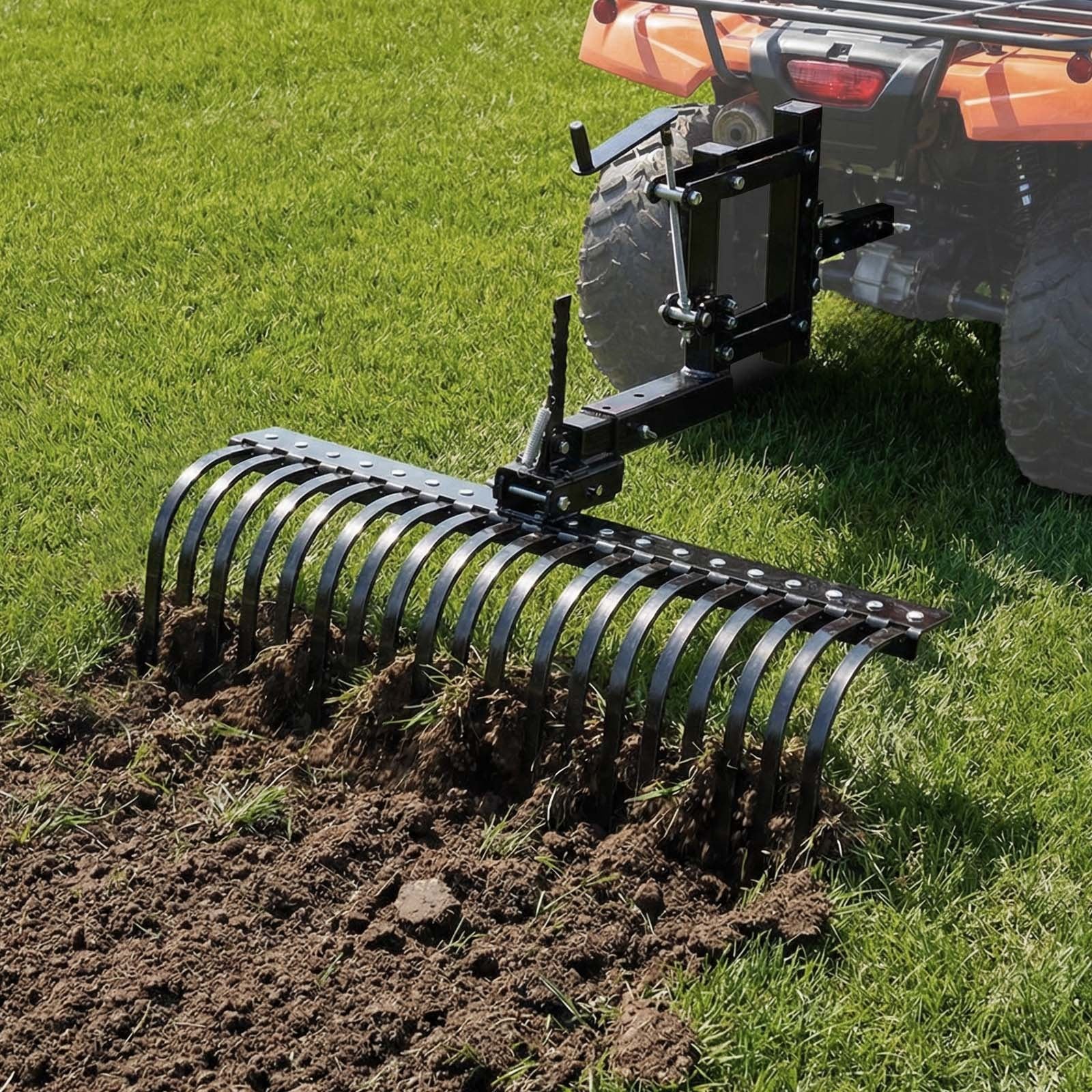 106.7cm Tow Behind Landscape Rake, 3-Point Lawn Rock Rake with Blade & Lift Lever, Fit Category 1 ATVs UTVs Lawn Tractors, Heavy Duty Dethatcher Rake for Debris Leaves Thatch
