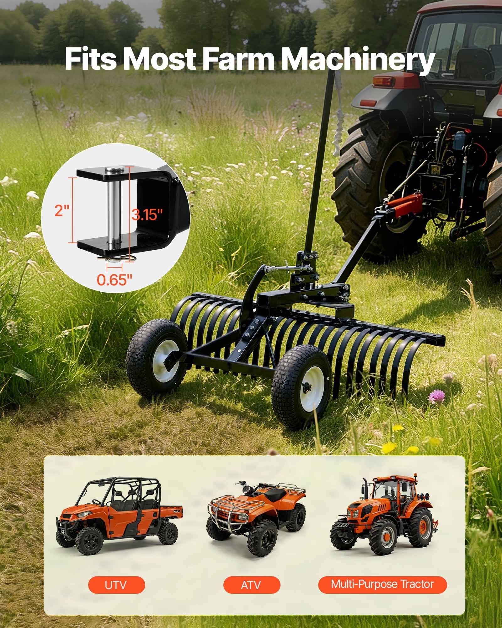122 cm Tow Behind Landscape Rake, Pull Behind Lawn Rock Rakes for ATV Mower Tractors, 24 Durable Steel Tines, Adjustable Height & Angle, Heavy Duty Dethatcher Rake for Leaves Debris