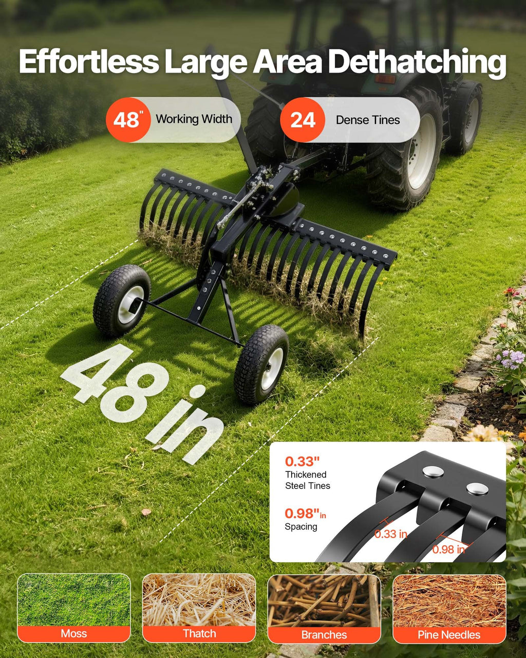 122 cm Tow Behind Landscape Rake, Pull Behind Lawn Rock Rakes for ATV Mower Tractors, 24 Durable Steel Tines, Adjustable Height & Angle, Heavy Duty Dethatcher Rake for Leaves Debris