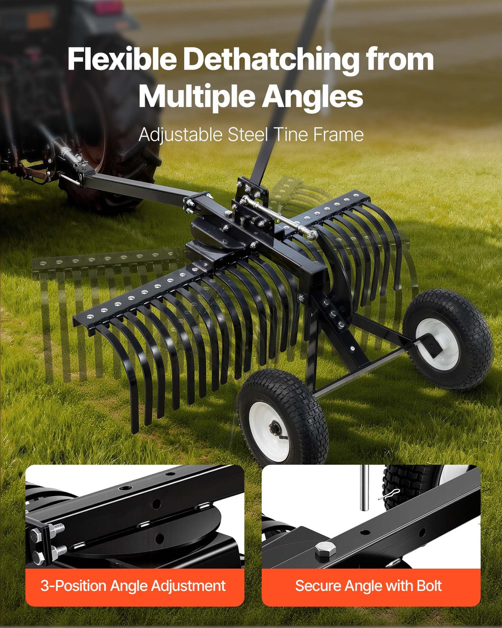 122 cm Tow Behind Landscape Rake, Pull Behind Lawn Rock Rakes for ATV Mower Tractors, 24 Durable Steel Tines, Adjustable Height & Angle, Heavy Duty Dethatcher Rake for Leaves Debris