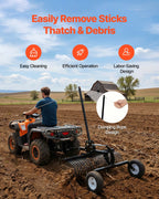 122 cm Tow Behind Landscape Rake, Pull Behind Lawn Rock Rakes for ATV Mower Tractors, 24 Durable Steel Tines, Adjustable Height & Angle, Heavy Duty Dethatcher Rake for Leaves Debris